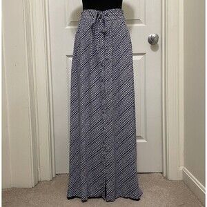 Ann Taylor LOFT Maxi Skirt Button Front Drawstring Navy Blue & White Womens Sz 2